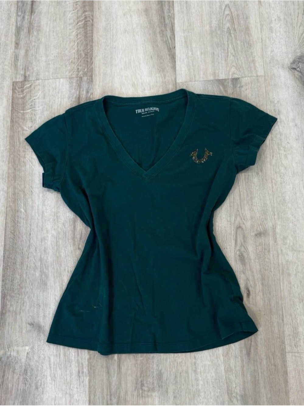 True Religion Women's Green V-Neck Fitted T-Shirt with Gold Buddha Logo